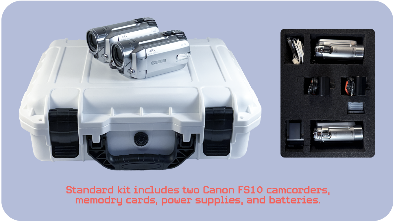 The standard rental kit: two Canon FS10 camcorders, SD cards, batteries, charger, info sheet, and carrying case.